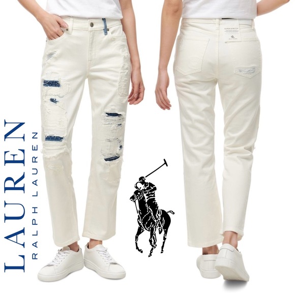 Lauren Ralph Lauren Distressed Repaired Patchwork Straight Ankle Jeans Womens 8 - Picture 1 of 16
